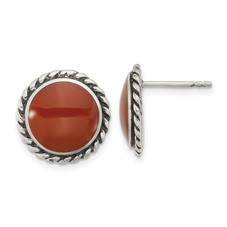Sterling Silver Stud Earrings with Round Carnelian, Twisted Rope Border, Vintage Southwestern Style