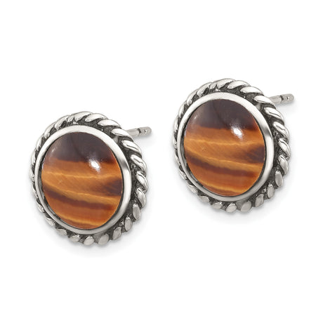Sterling Silver Tiger Eye Stud Earrings Twisted Rope Edge