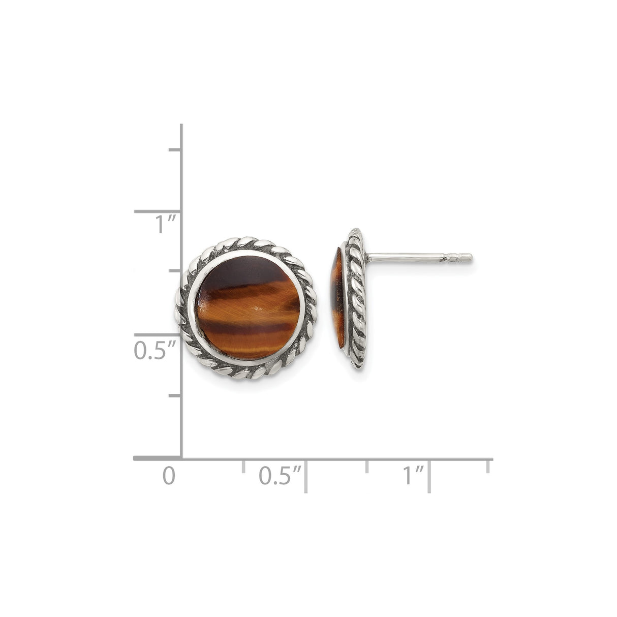 Sterling Silver Stud Earrings with Tiger Eye, Twisted Rope Edge, Boho Vintage Style