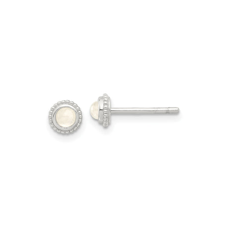 Sterling Silver Moonstone Stud Earrings, Bezel Set Round Gemstone with Beaded Edge Design