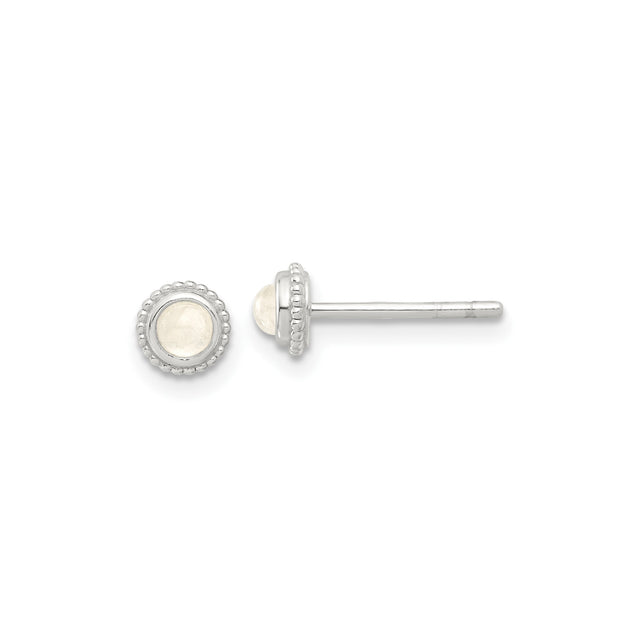 Sterling Silver Moonstone Stud Earrings, Bezel Set Round Gemstone with Beaded Edge Design