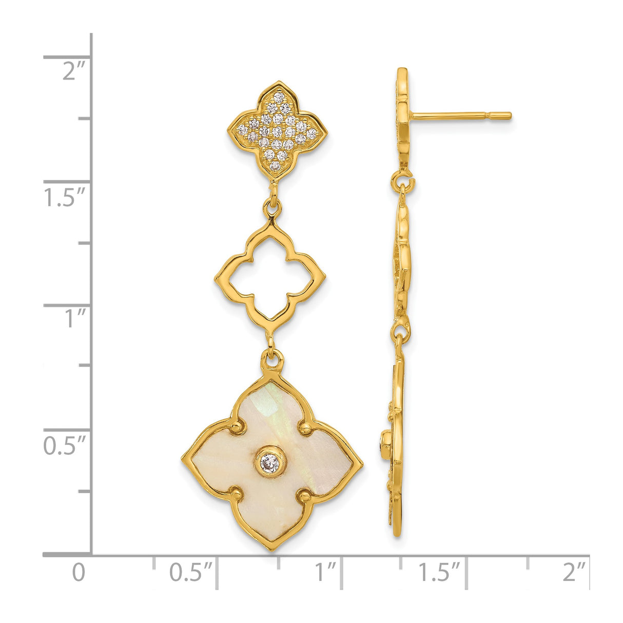 Sterling Silver Dangle Earrings with Mother of Pearl and Cubic Zirconia, Quatrefoil Design