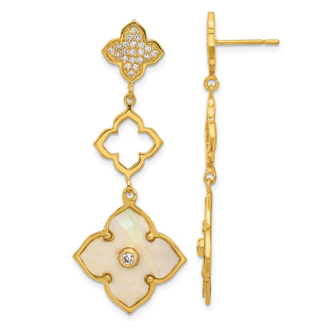 Sterling Silver Dangle Earrings with Mother of Pearl and Cubic Zirconia, Quatrefoil Design