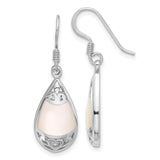 Sterling Silver Teardrop Dangle Earrings with Mother of Pearl Inlay, Filigree and Heart Motif