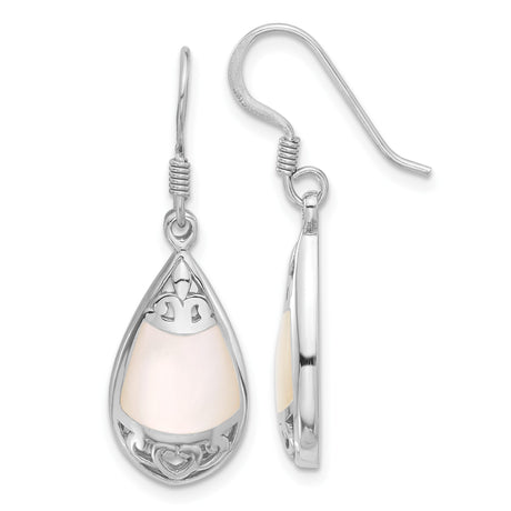 Sterling Silver Teardrop Dangle Earrings with Mother of Pearl Inlay, Filigree and Heart Motif