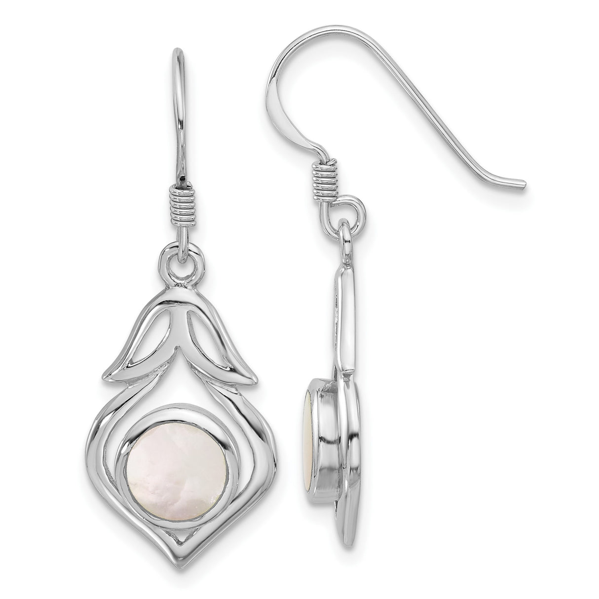 Sterling Silver Dangle Earrings with Mother of Pearl, Openwork Flame or Floral Design, Boho Style