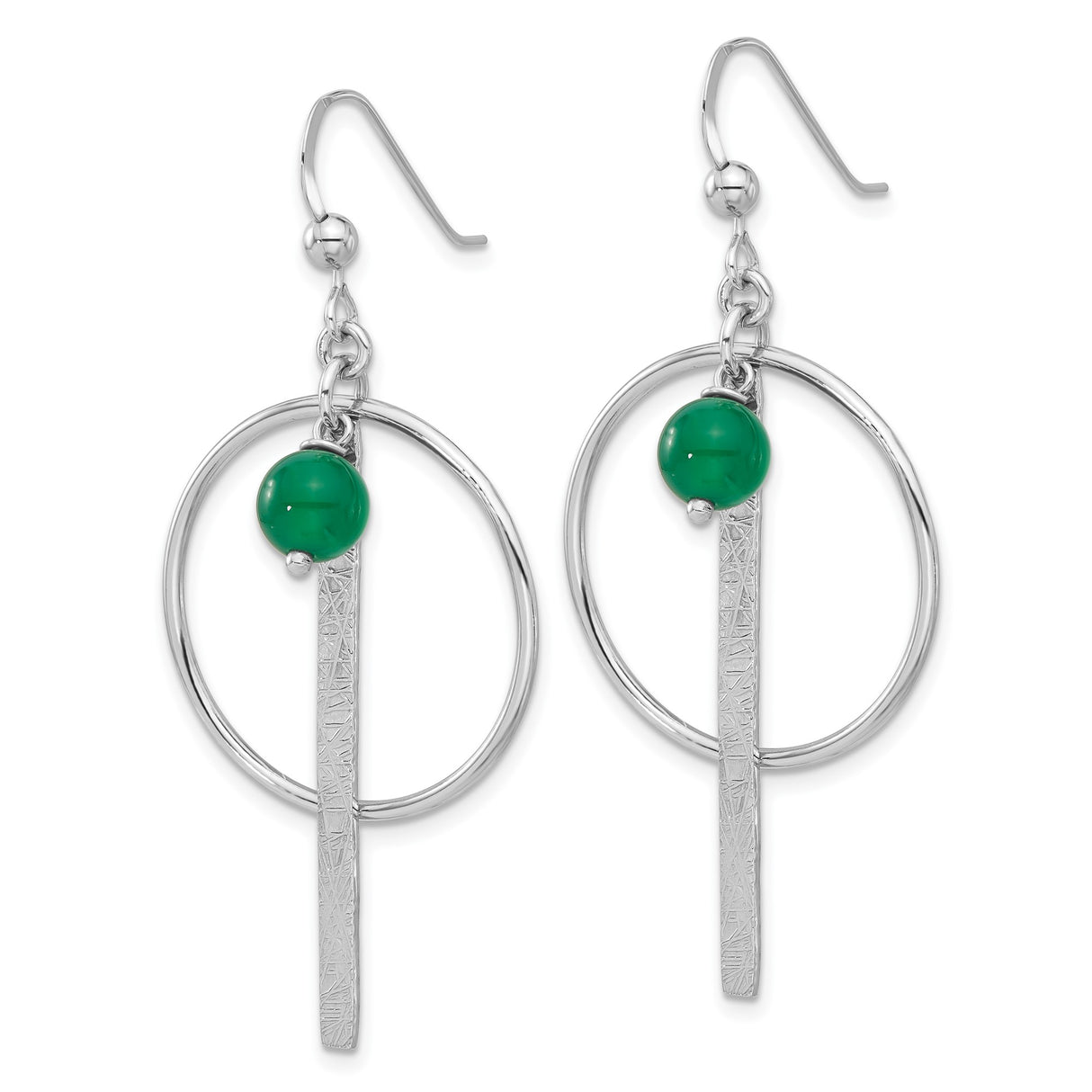 Sterling Silver Dangle Earrings with Onyx, Green Bead Accents, Geometric Drop Design
