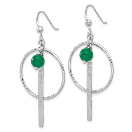 Sterling Silver Dangle Earrings with Onyx, Green Bead Accents, Geometric Drop Design