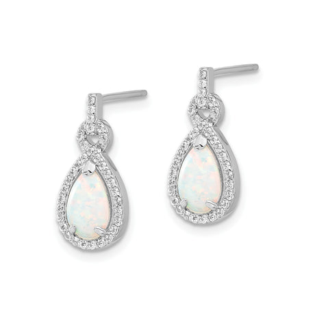 Sterling Silver Drop Earrings with Teardrop Created Opal and Cubic Zirconia Halo