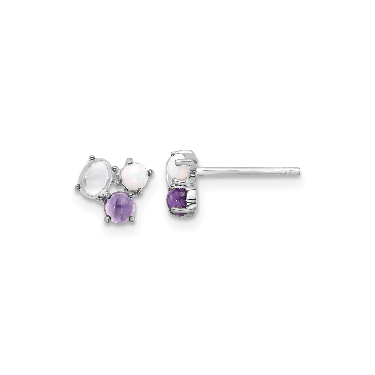 Sterling Silver Three Stone Stud Earrings for Women with Amethyst Opal Moonstone Gemstones, Cluster Design Spiritual Jewelry, Calming Multicolor Stone Studs, Everyday Silver Gemstone Earrings