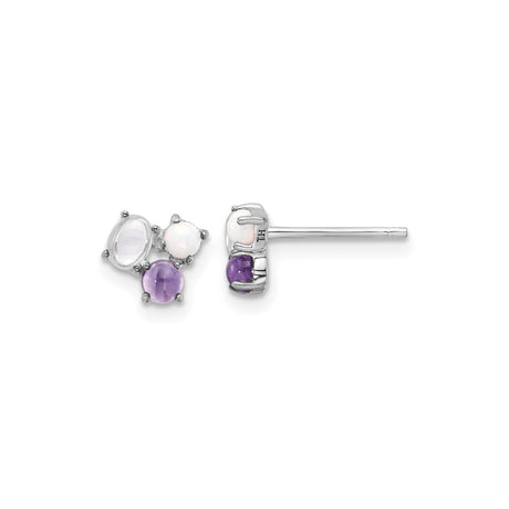 Sterling Silver Three Stone Stud Earrings for Women with Amethyst Opal Moonstone Gemstones, Cluster Design Spiritual Jewelry, Calming Multicolor Stone Studs, Everyday Silver Gemstone Earrings