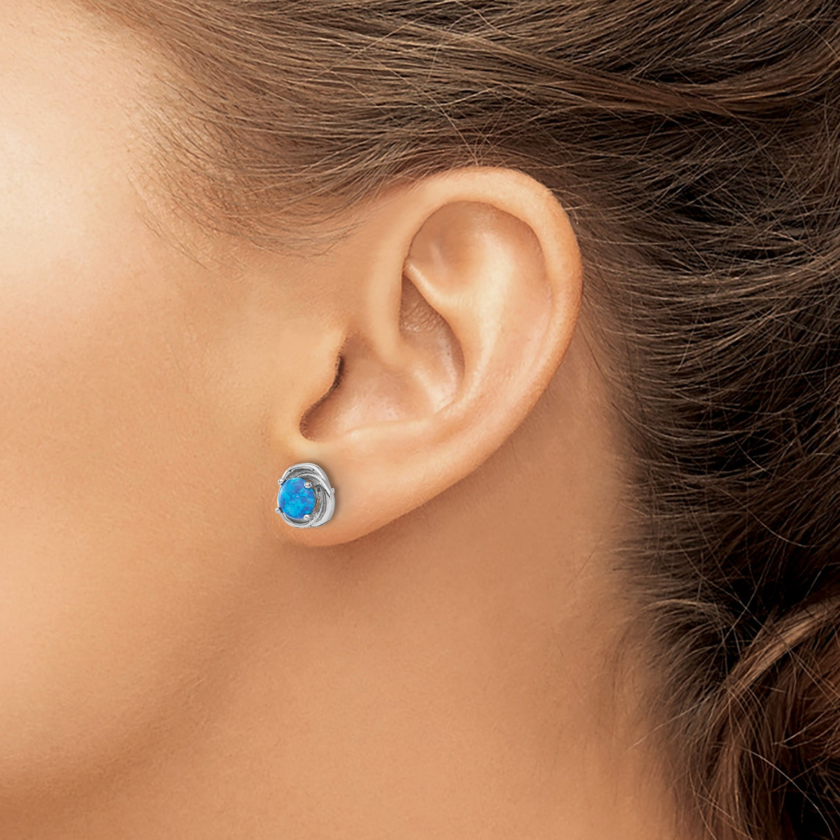 Sterling Silver Blue Opal Round Bezel Stud Earrings Swirl