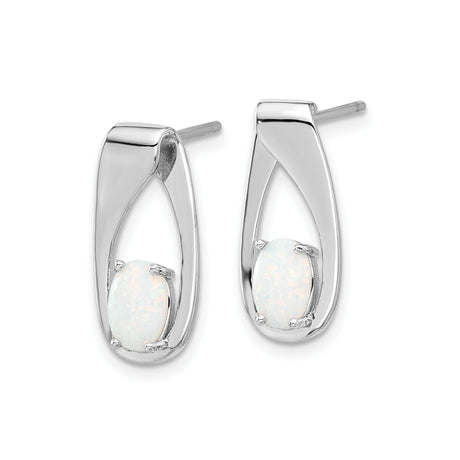 Sterling Silver Stud Earrings with Created Opal, Oval Cabochon in Open Marquise Design