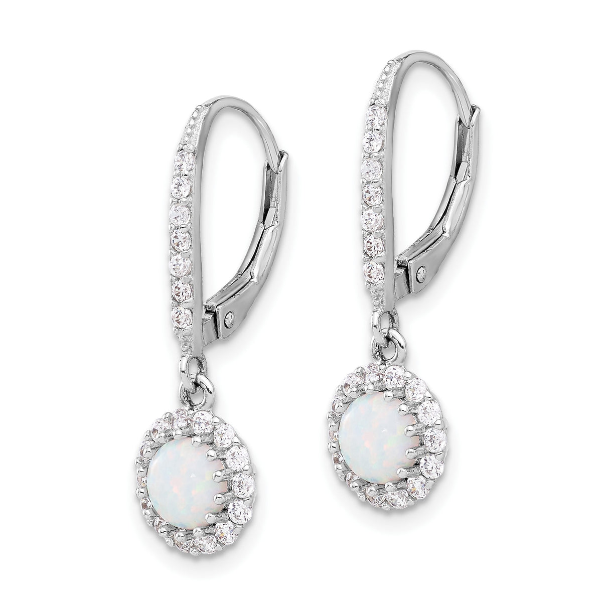 Sterling Silver Drop Earrings with Created Opal and Cubic Zirconia Halo Leverback Design