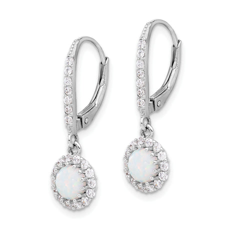 Sterling Silver Drop Earrings with Created Opal and Cubic Zirconia Halo Leverback Design