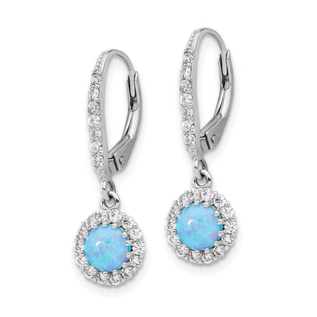 Sterling Silver Dangle Earrings with Round Blue Created Opal and Cubic Zirconia Halo