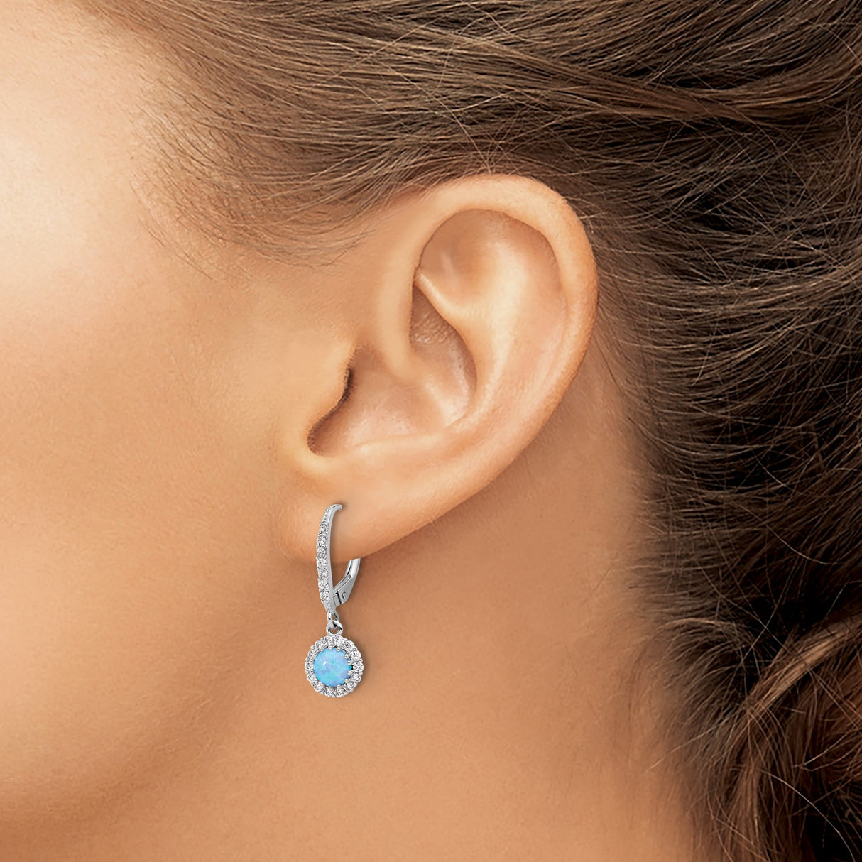 Sterling Silver Dangle Earrings with Round Blue Created Opal and Cubic Zirconia Halo