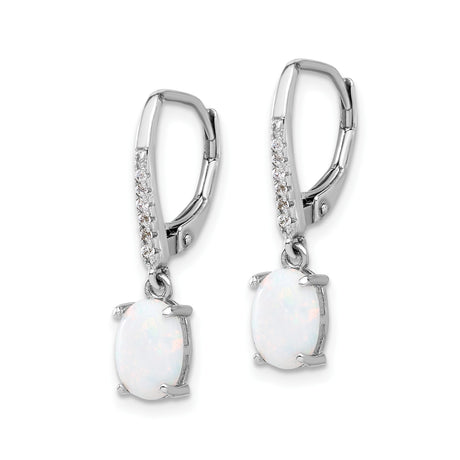 Sterling Silver Drop Earrings with White Created Opal and Cubic Zirconia, Leverback Dangle Design