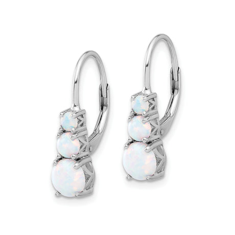 Sterling Silver Drop Earrings with Created White Opals, Three-Stone Prong Setting, Leverback Style