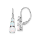 Sterling Silver Drop Earrings with Created White Opals, Three-Stone Prong Setting, Leverback Style