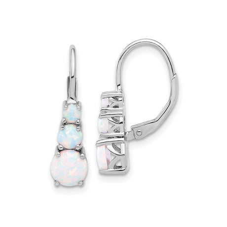 Sterling Silver Drop Earrings with Created White Opals, Three-Stone Prong Setting, Leverback Style
