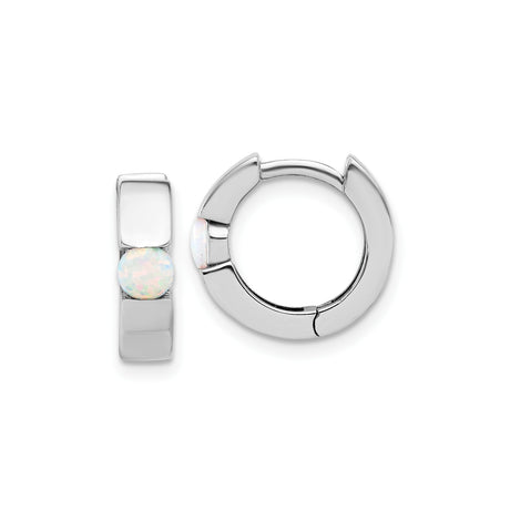 Sterling Silver Huggie Hoop Earrings with Created Opal Inlay, Minimalist Iridescent Design