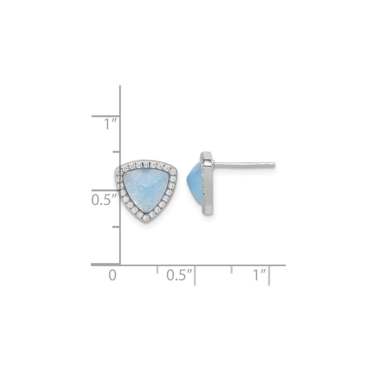 Sterling Silver Triangle Stud Earrings with Light Blue Chalcedony and Cubic Zirconia Halo