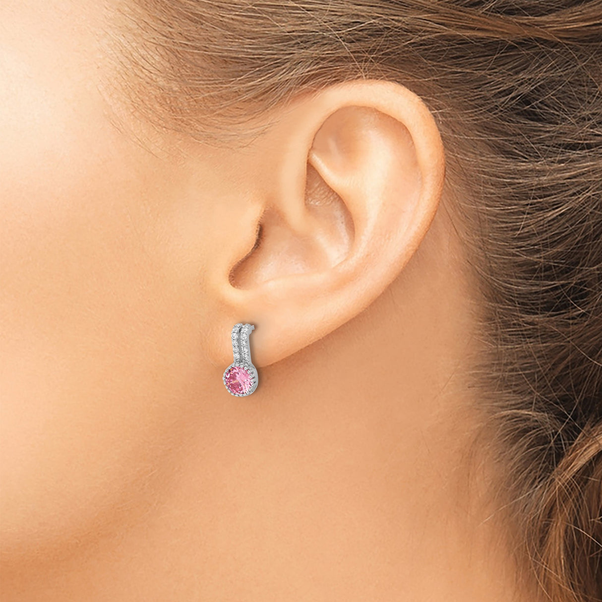 Sterling Silver Stud Earrings with Pink Cubic Zirconia Center and Clear Halo in Split-Bar Setting