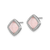 Sterling Silver Stud Earrings with Cushion Cut Pink Quartz and Cubic Zirconia Halo