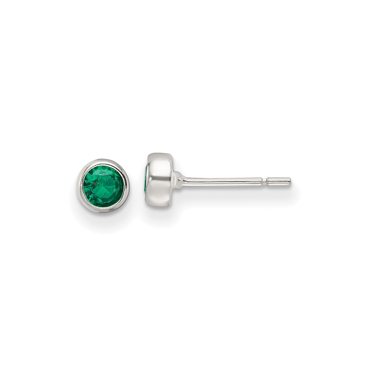 Sterling Silver Stud Earrings with Round Green Gemstone in Bezel Setting, Lightweight Classic Design for Women, Simple Everyday Wear, Modern Minimalist Silver Jewelry, Elegant Polished Studs