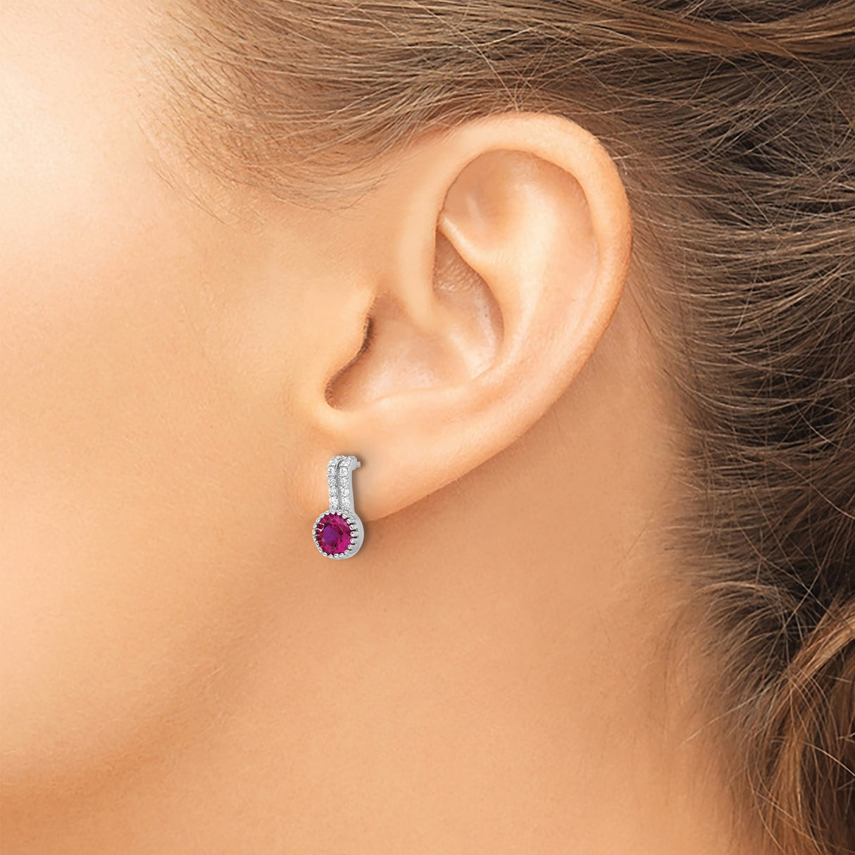 Sterling Silver Stud Earrings with Round Pink Cubic Zirconia and Vertical Clear CZ Accents