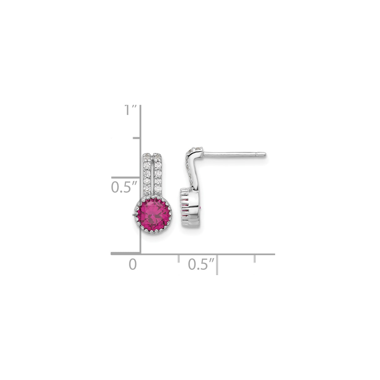 Sterling Silver Stud Earrings with Round Pink Cubic Zirconia and Vertical Clear CZ Accents