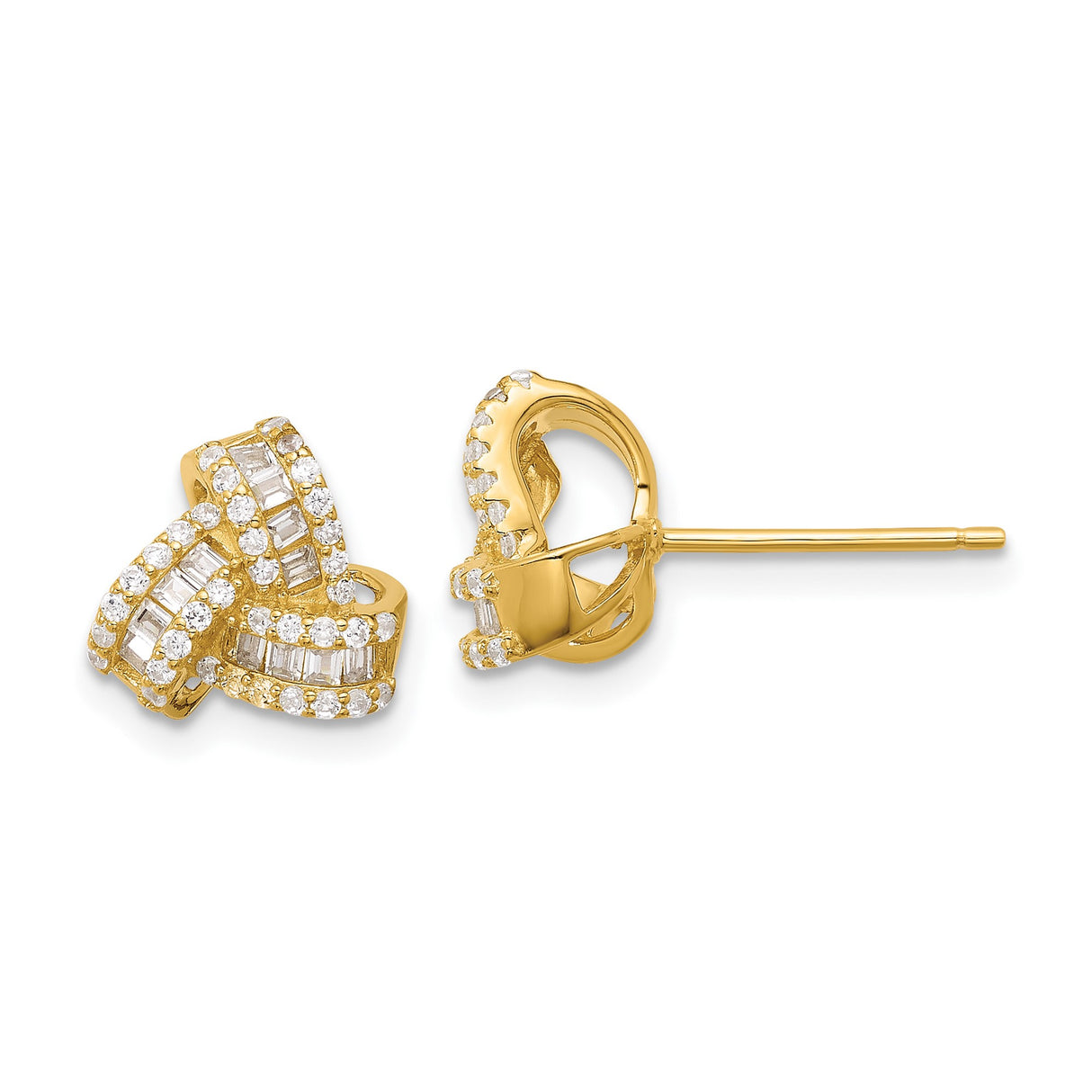 Gold Plated Stud Earrings for Women with Crisscross Ribbon Design, Clear Baguette and Round Zirconia, Elegant Fashion Earrings for Formal Events, Parties, Weddings, or Daily Wear Accessory