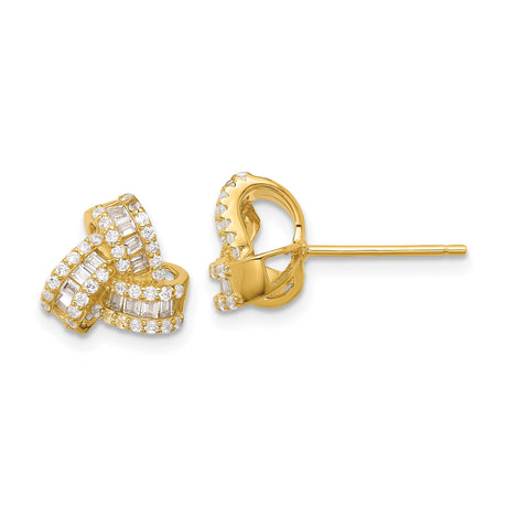 Gold Plated Stud Earrings for Women with Crisscross Ribbon Design, Clear Baguette and Round Zirconia, Elegant Fashion Earrings for Formal Events, Parties, Weddings, or Daily Wear Accessory
