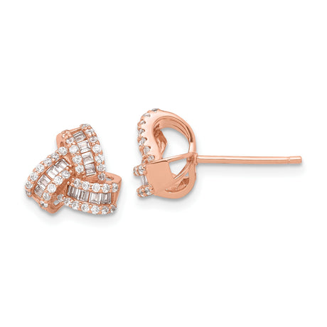 Rose Plated Sterling Silver Knot Stud Earrings for Women with Round and Baguette Cubic Zirconia Accents, Woven Design Symbolizing Unity and Elegance, Ideal for Formal or Evening Occasions