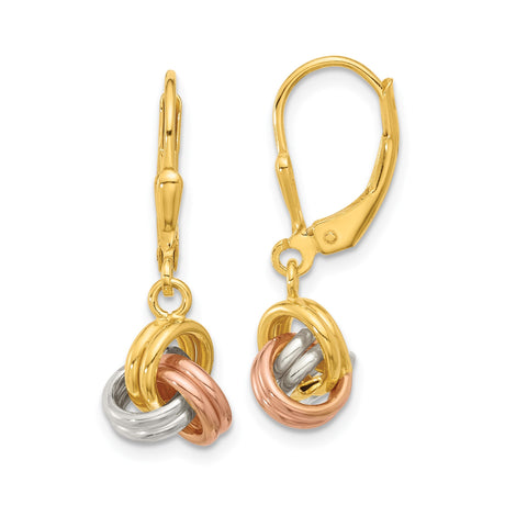 Sterling Silver Tri Color Love Knot Leverback Earrings for Women with Yellow Rose and White Gold Plated Interlocking Bands - Classic Drop Design for Daily Wear, Elegant Jewelry or Special Occasions
