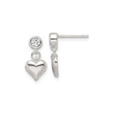 Sterling Silver Heart Dangle Earrings with Cubic Zirconia Accent, Romantic Drop Design