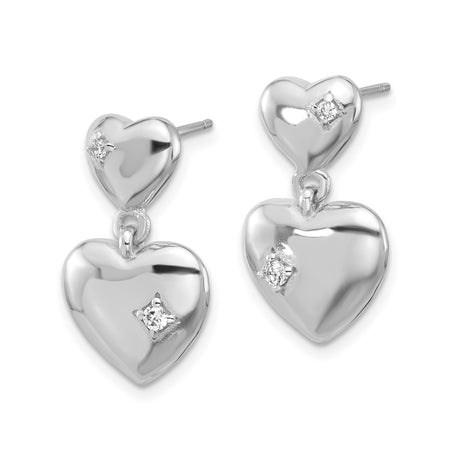 Sterling Silver Double Heart Dangle Earrings with Cubic Zirconia Stones, Romantic Drop Design