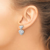 Sterling Silver Double Heart Dangle Earrings with Cubic Zirconia Stones, Romantic Drop Design