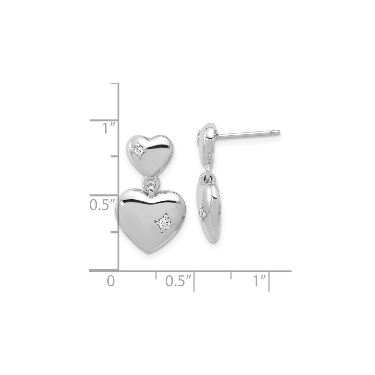 Sterling Silver Double Heart Dangle Earrings with Cubic Zirconia Stones, Romantic Drop Design