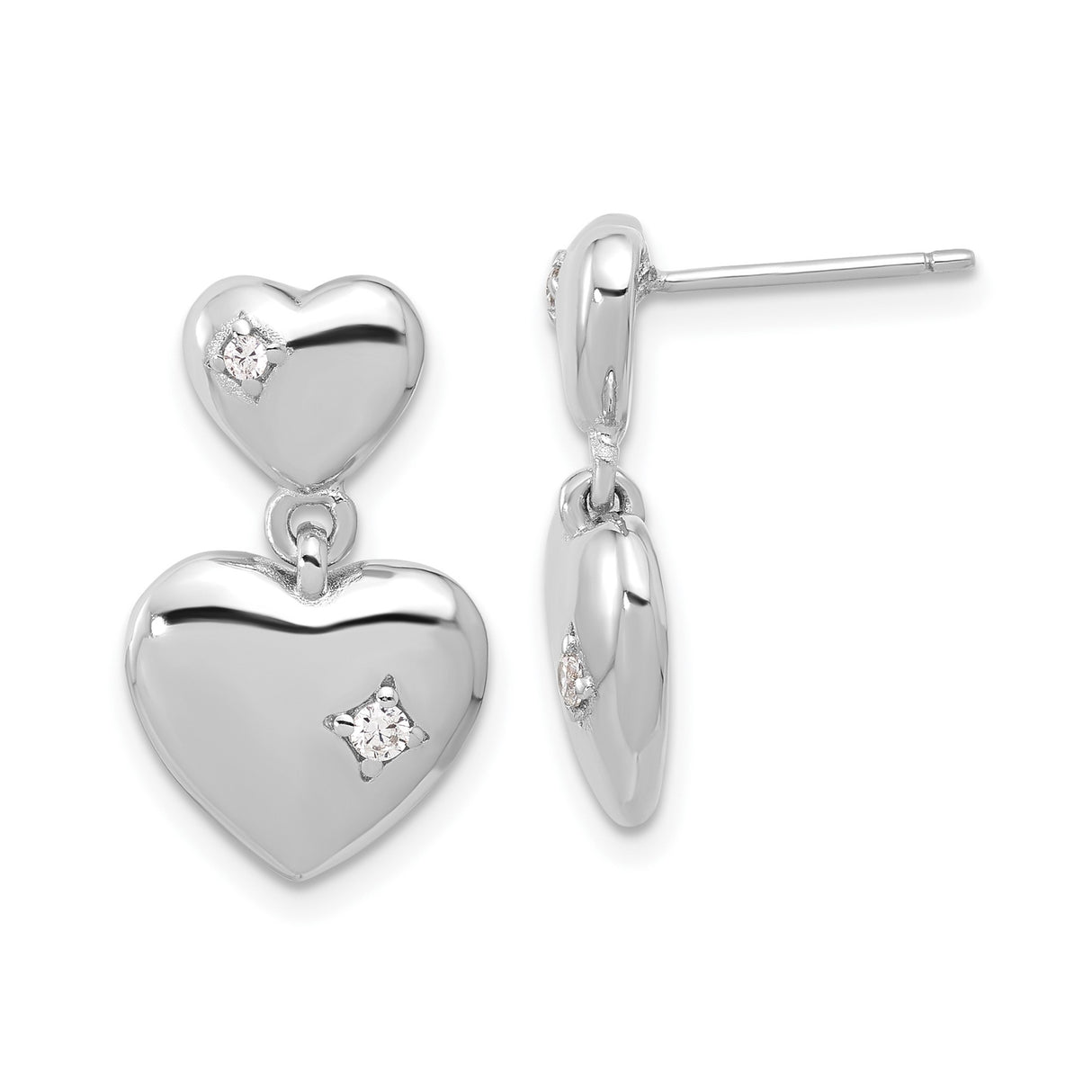 Sterling Silver Double Heart Dangle Earrings with Cubic Zirconia Stones, Romantic Drop Design