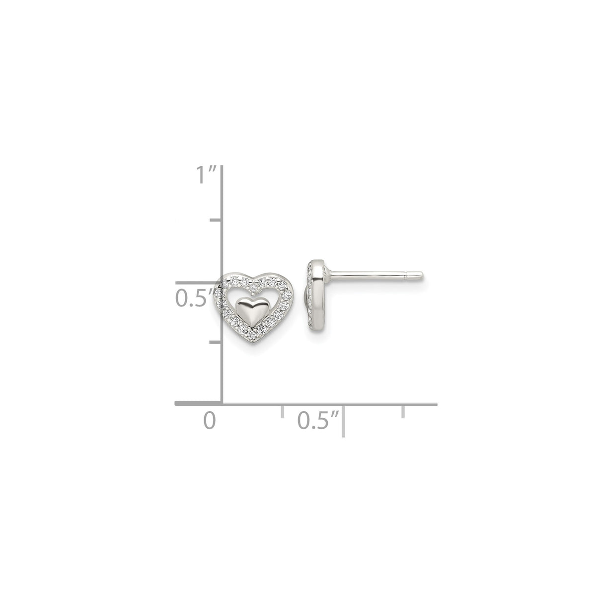 Sterling Silver Heart Stud Earrings with Polished Inner Heart and Cubic Zirconia