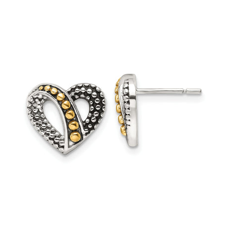 Sterling Silver Heart Shaped Stud Earrings with Textured Design and Gold Tone Bead Accents