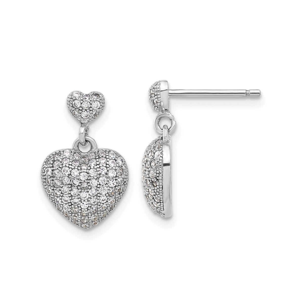 Sterling Silver Heart Drop Earrings with Cubic Zirconia, Double Heart Design