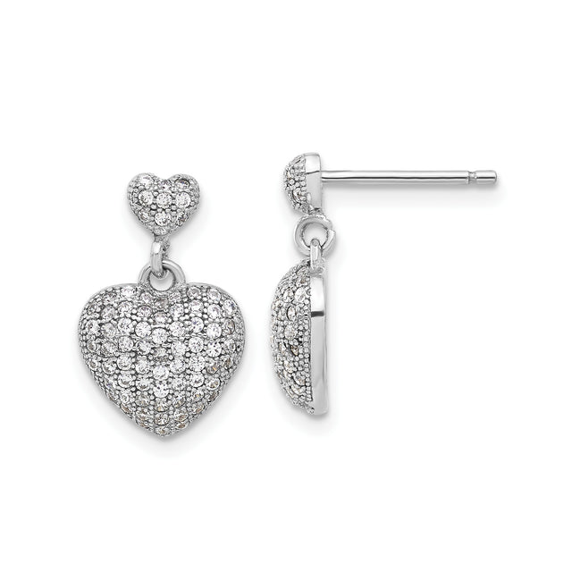 Sterling Silver Heart Drop Earrings with Cubic Zirconia, Double Heart Design