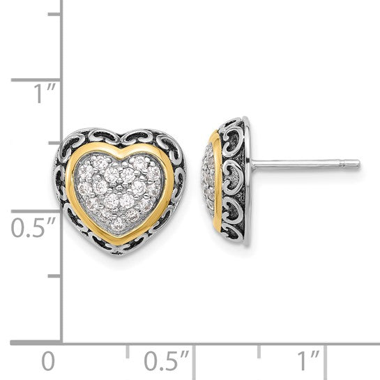 Sterling Silver Heart Stud Earrings with Cubic Zirconia, Two-Tone Scroll Design