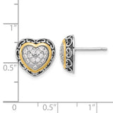 Sterling Silver Heart Stud Earrings with Cubic Zirconia, Two-Tone Scroll Design