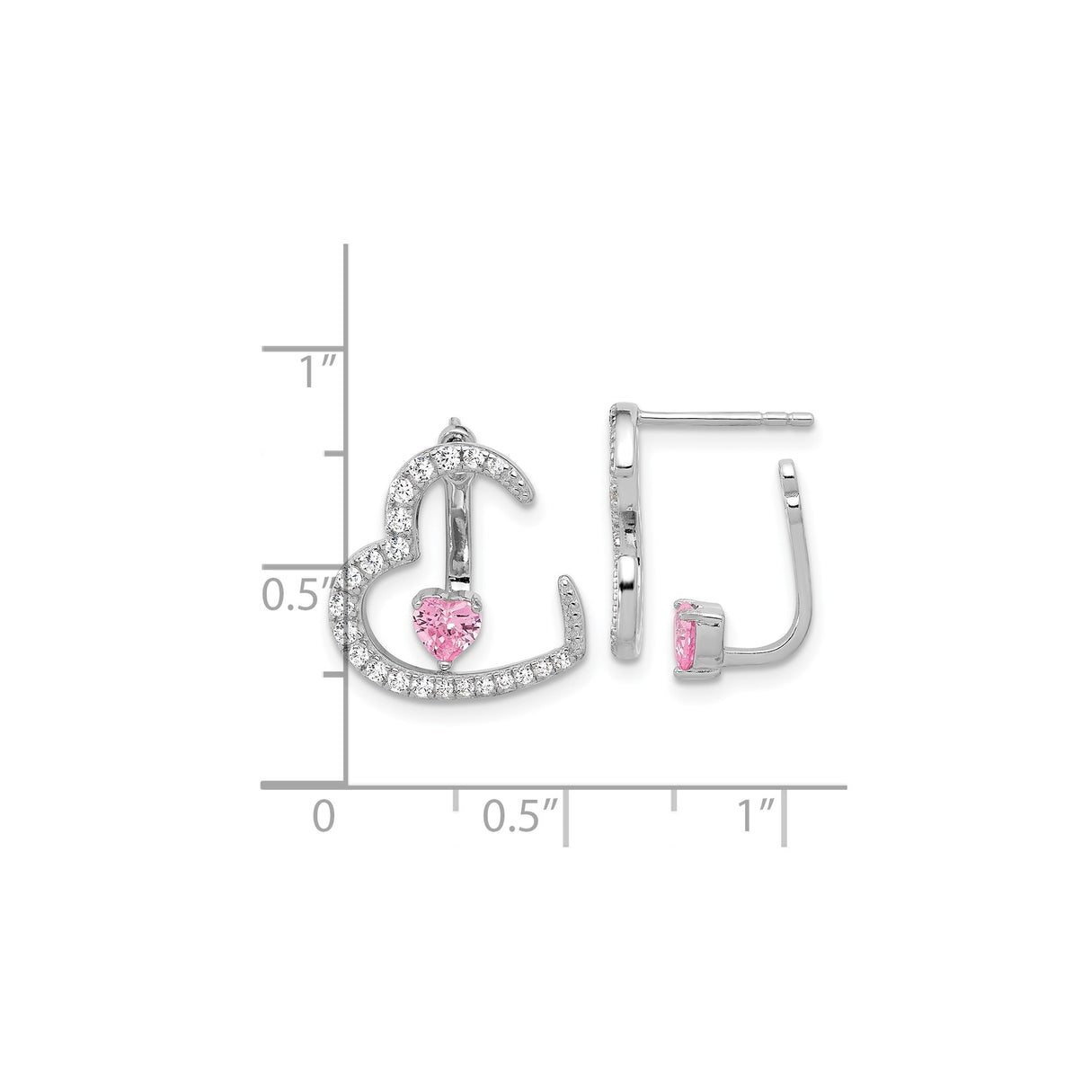 Sterling Silver Heart Stud Earrings with Pink Cubic Zirconia and Open Heart Design