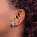Sterling Silver LOVE Stud Earrings with Pink Heart Cubic Zirconia and Textured Circle Frame