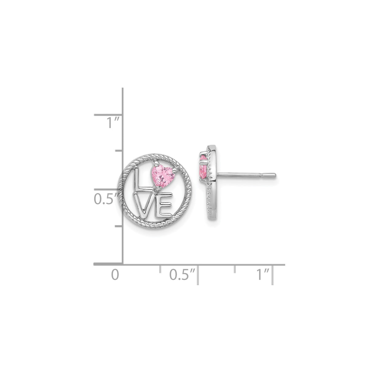 Sterling Silver LOVE Stud Earrings with Pink Heart Cubic Zirconia and Textured Circle Frame